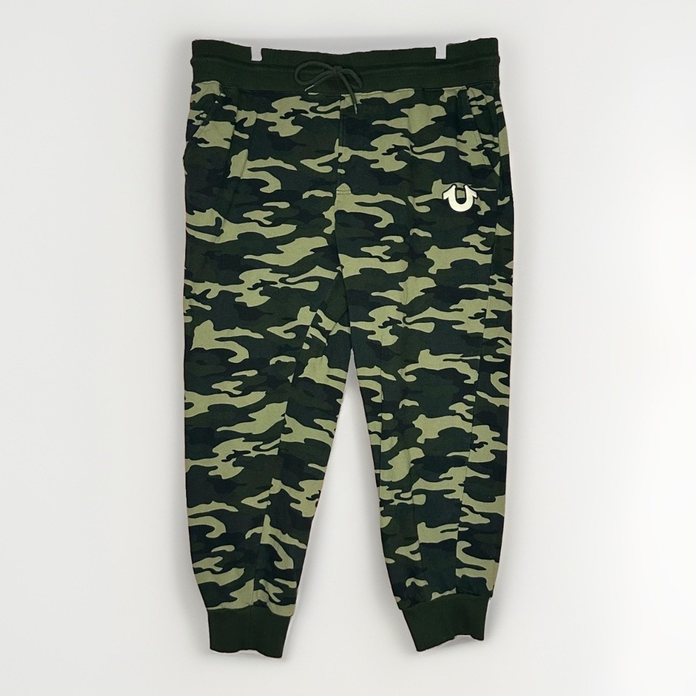 True Religion XL Camo Jogger Sweatpants Green Logo Streetwear 38x27